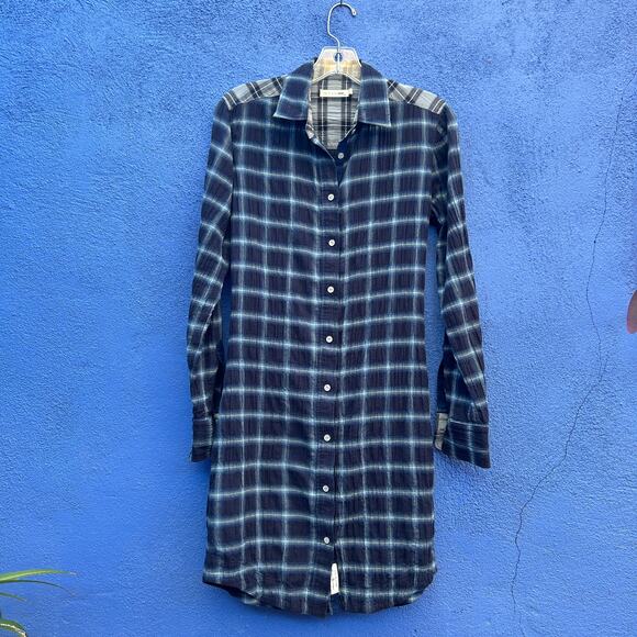 rag and bone jean sadie blue plaid crinkle cotton shirt dress - Picture 1 of 7